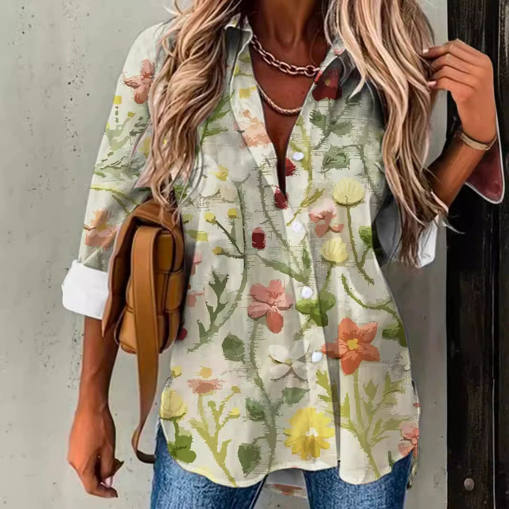 ZARA Womens Three Quarter Sleeve Digital Print Button Down Collar Shirt